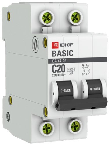 Выключатель автоматический EKF Basic ВА47-29 2п 20А C 4.5кА картинка